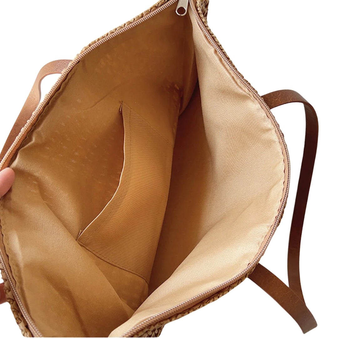Bolso cesta trenzada de mimbre con asas de cuero para mujer