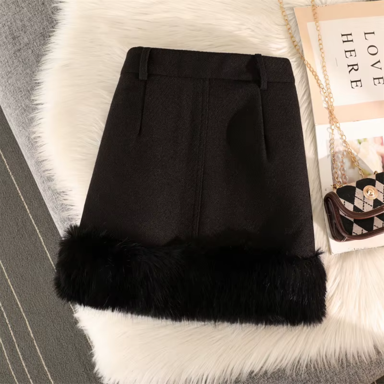 Falda de Invierno para Mujer Corta y Elegante con Cuello de Piel