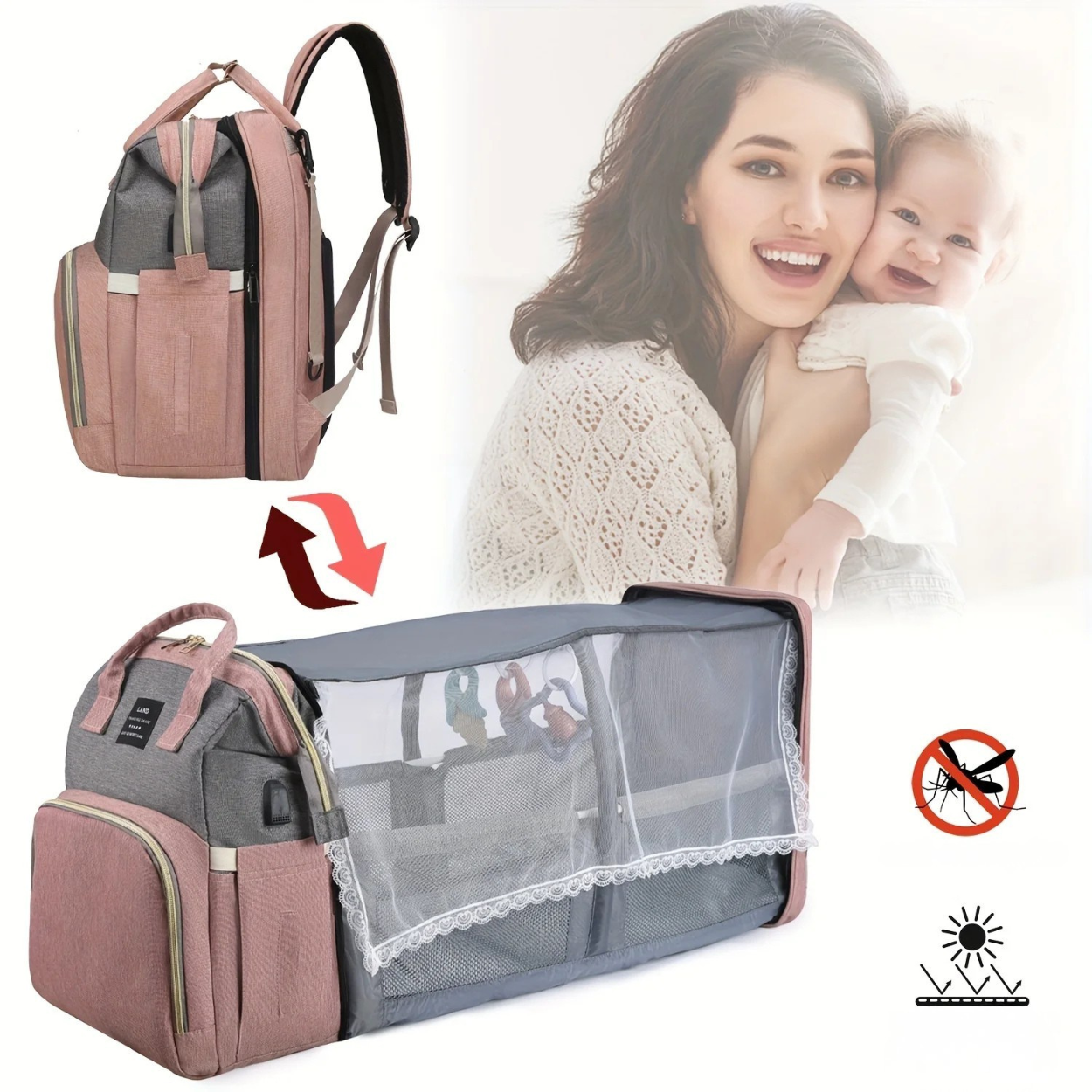 Bolsa para Pañales Convertible con Cuna Parasol y Cochecito