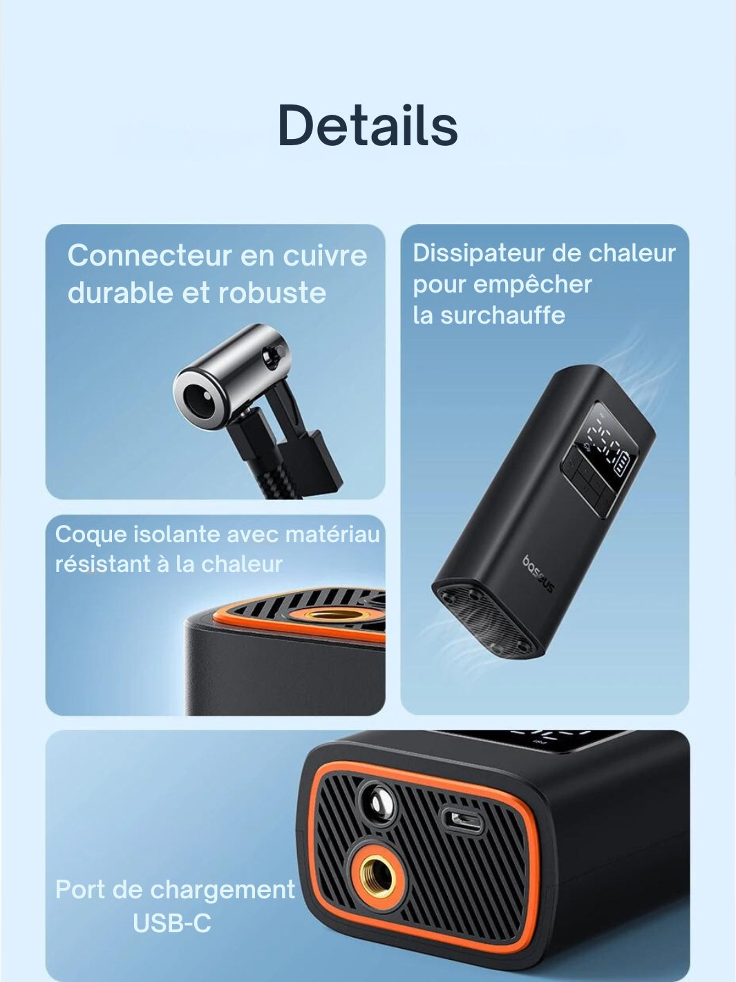 Inflador de neumáticos portátil y sin cables para coche
