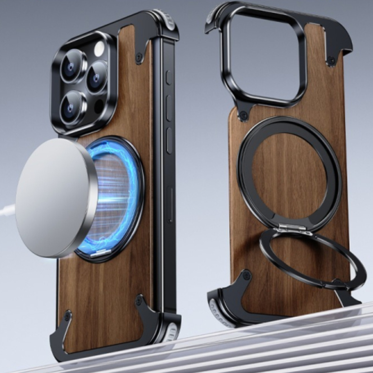 Funda para iPhone de Madera Natural con Soporte Giratorio