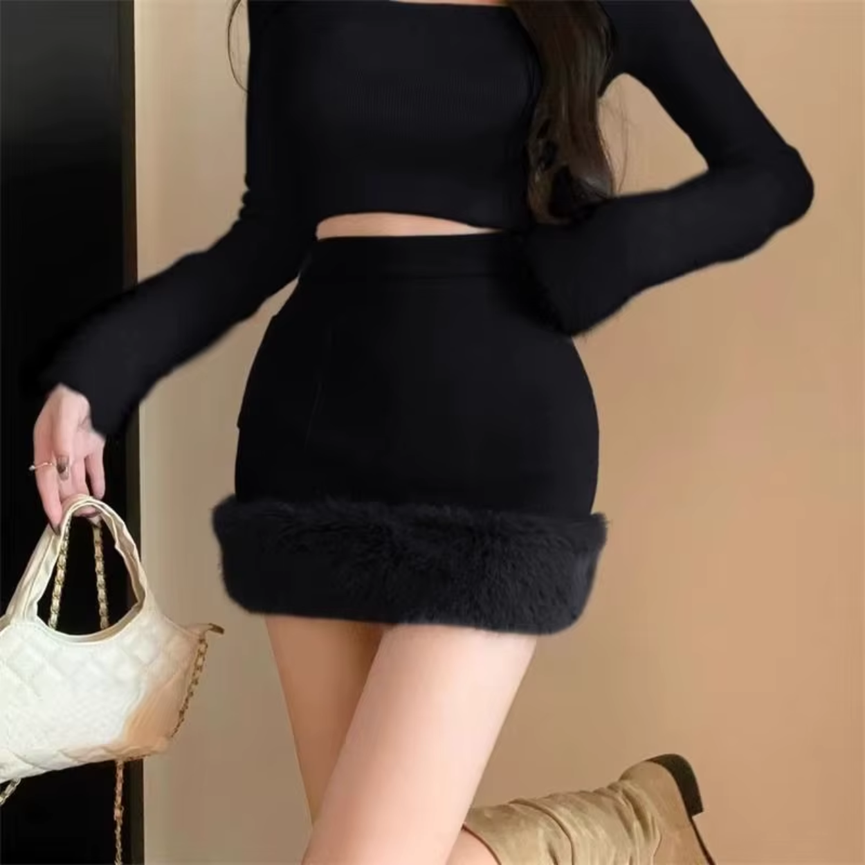 Falda de Invierno con Piel Elegante y Caliente