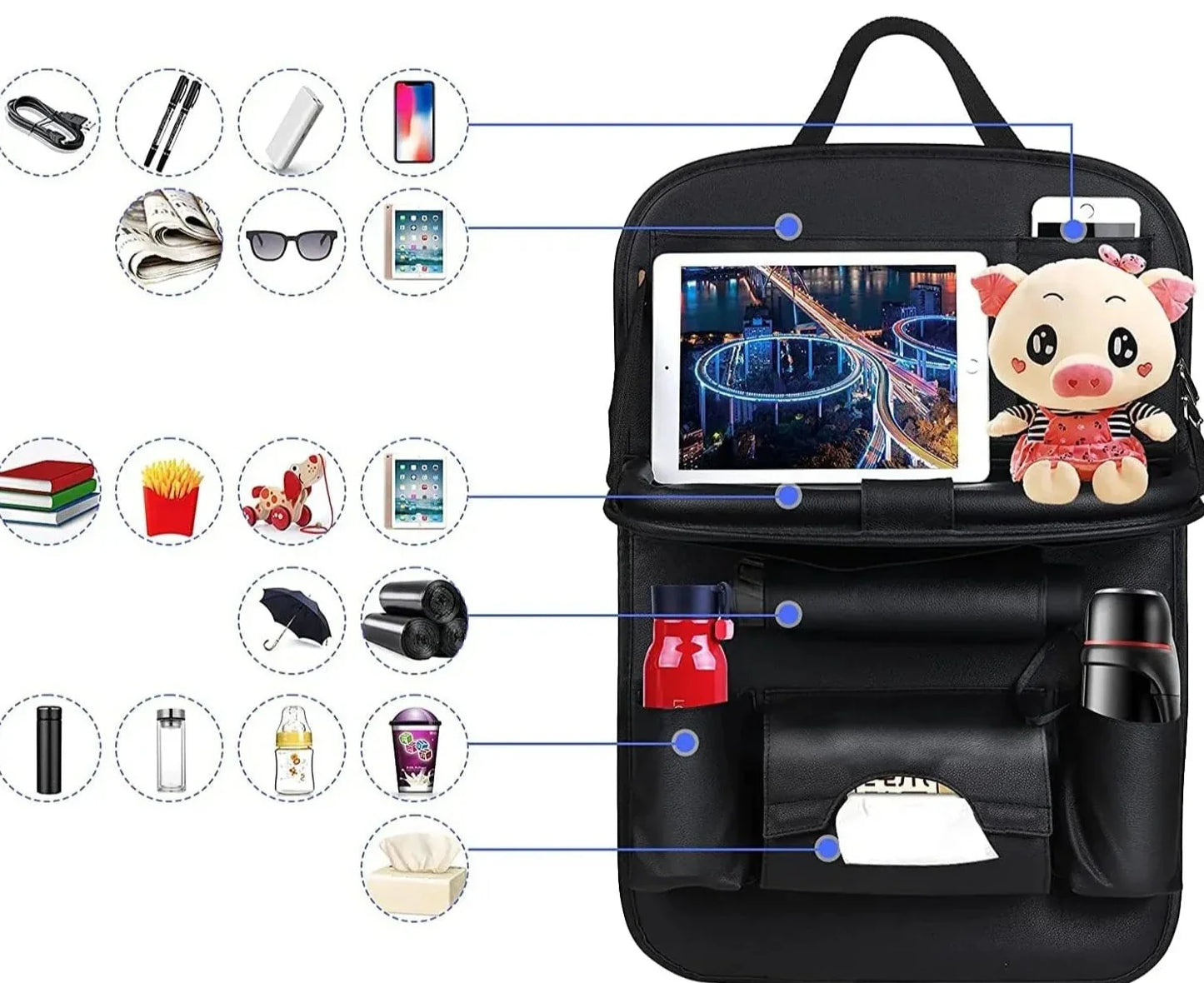 Soporte para Asiento de Coche con Bandeja Plegable de Cuero