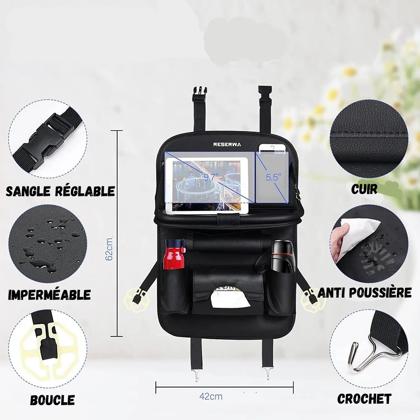 Soporte para Asiento de Coche con Bandeja Plegable de Cuero