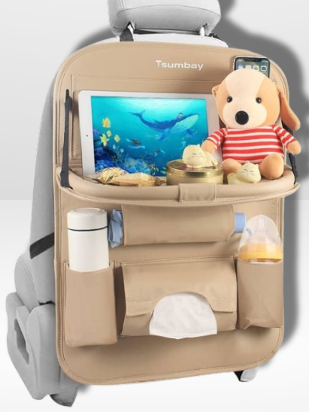 Soporte para Asiento de Coche con Bandeja Plegable de Cuero