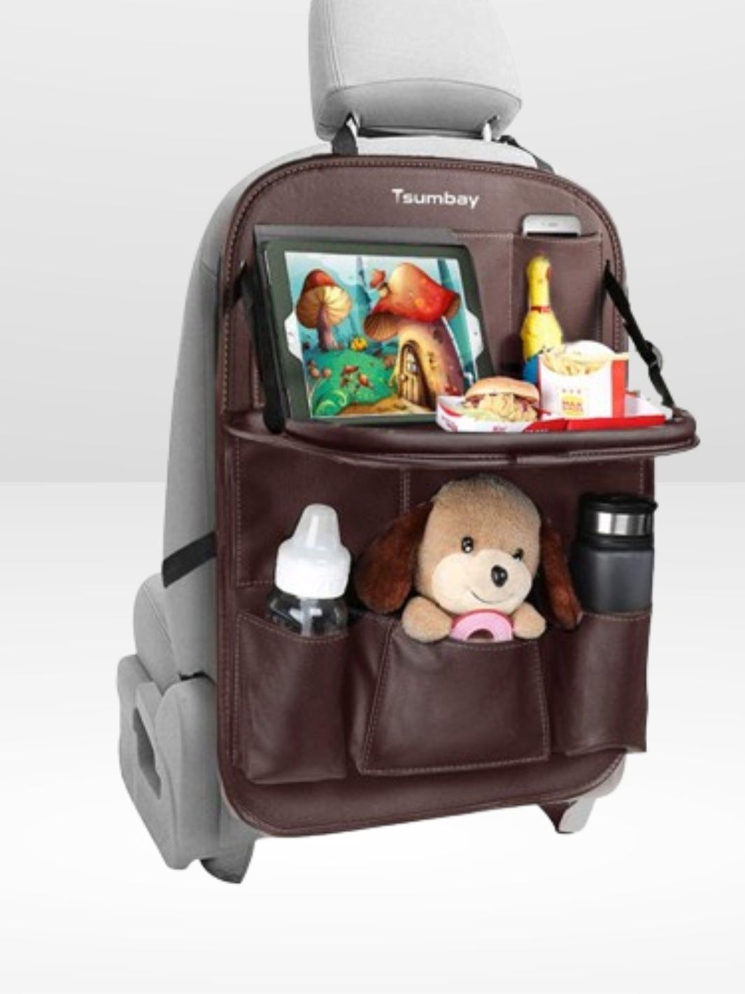 Soporte para Asiento de Coche con Bandeja Plegable de Cuero