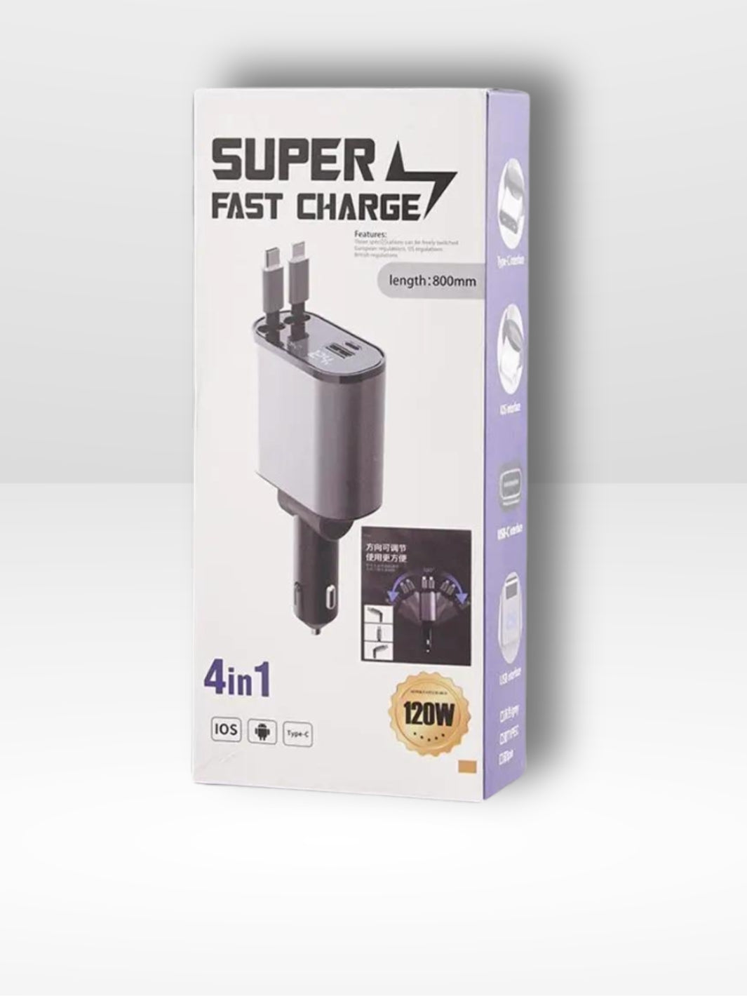 Cargador para Coche de 4 Puertos Rápido y Retráctil